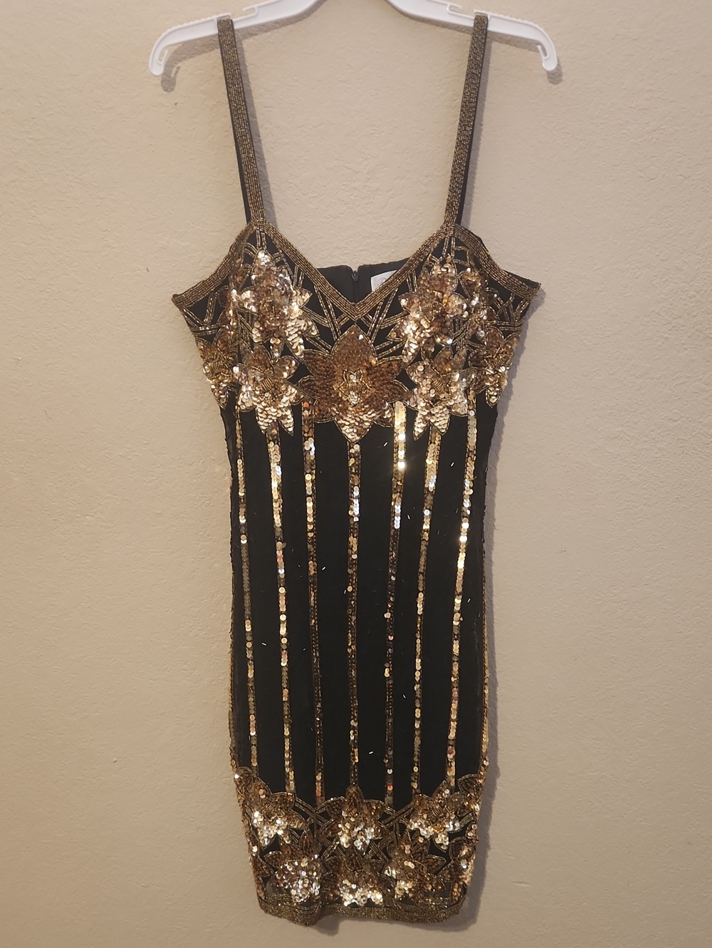 Black & Gold Sequin Floral Mini Dress